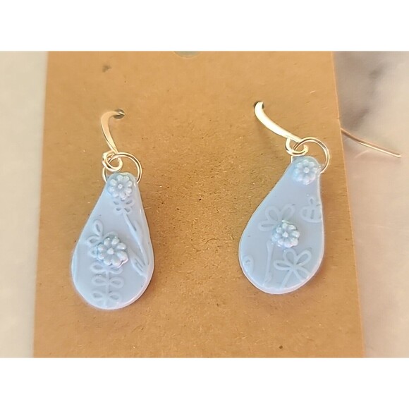 Polymer Clay Blue Floral Dangling Earrings New - Picture 2 of 10